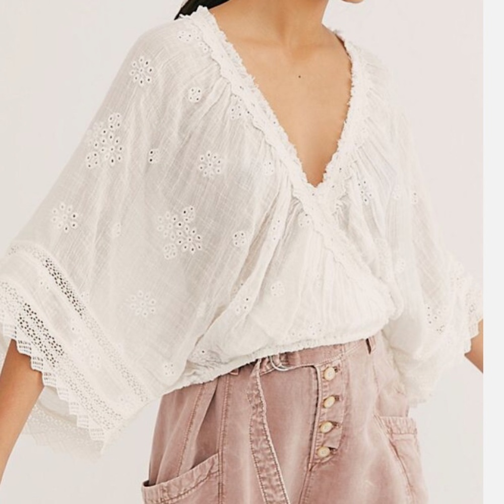Free People Love Somebody Lightweight White Embroidered Eyelet Lace Blouse - Picture 3 of 7